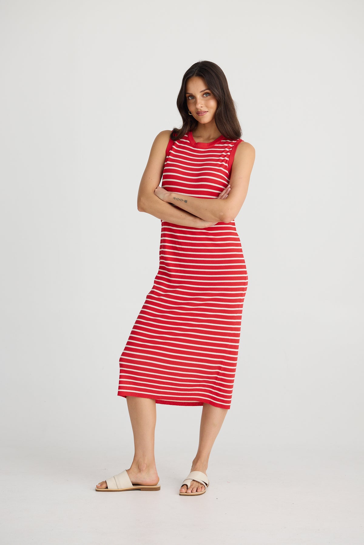 Squad Dress Scarlet With Ecru Stripe