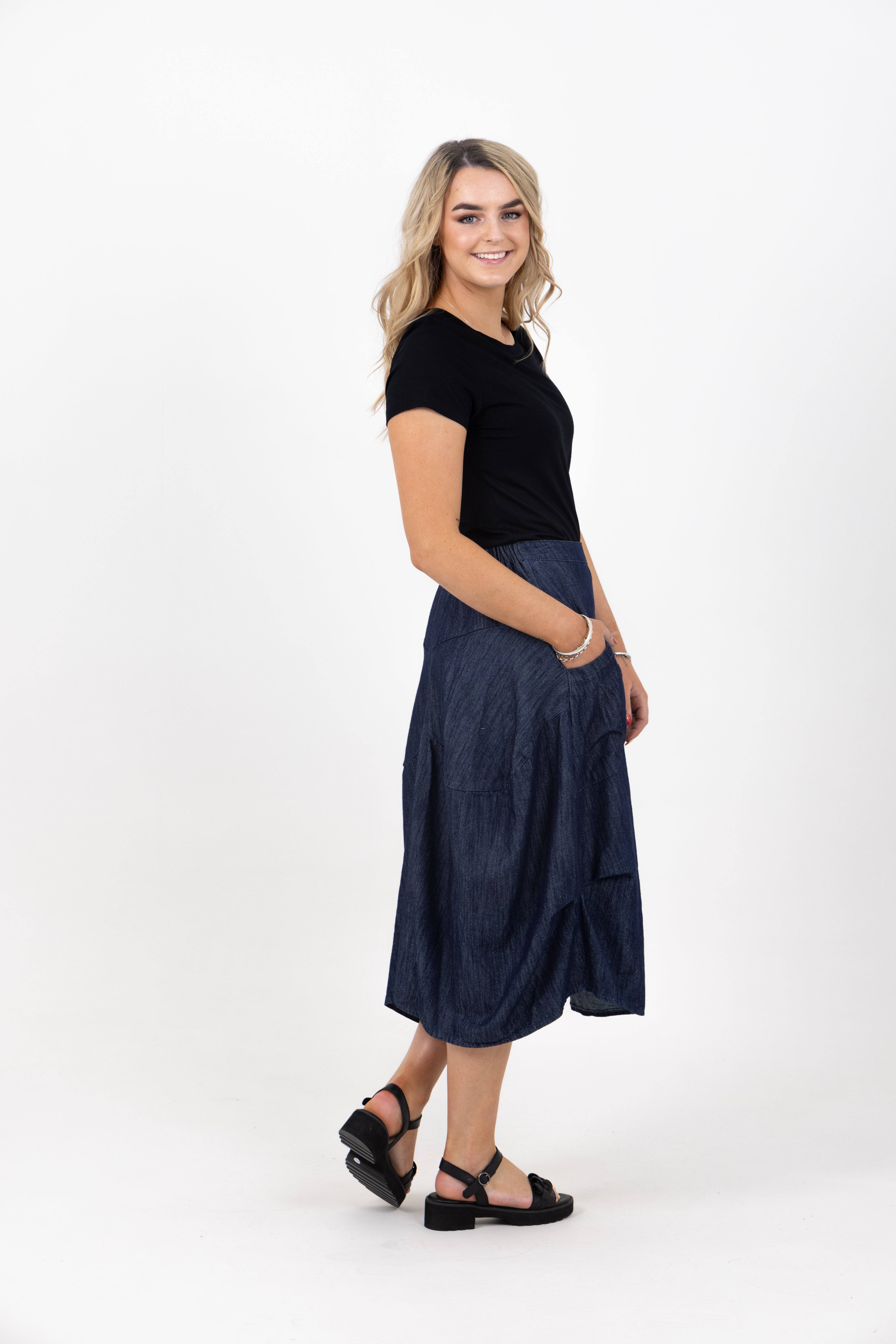 Black denim clearance skirt in store