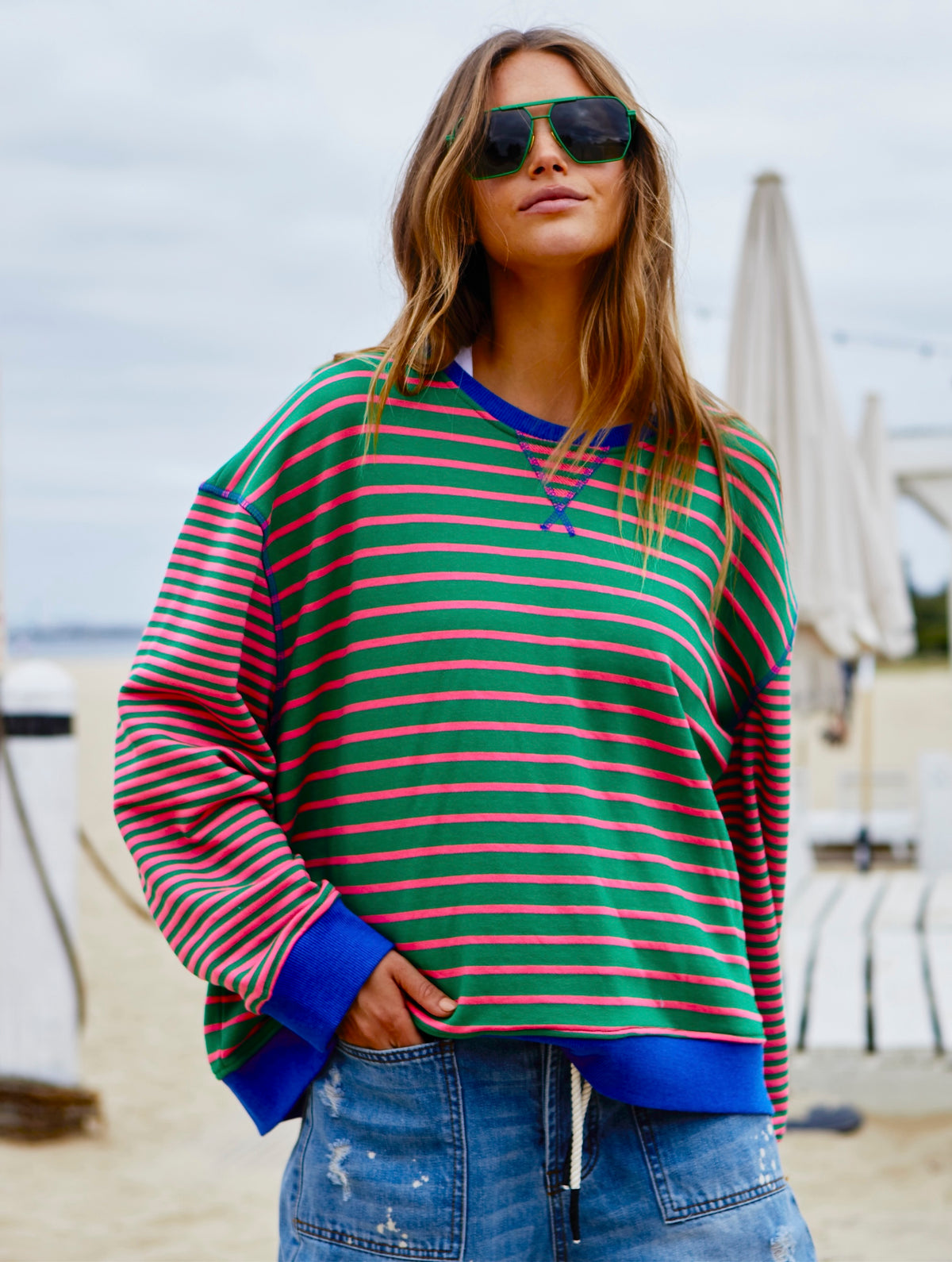 Retro Stripe Sweat Green/Pink