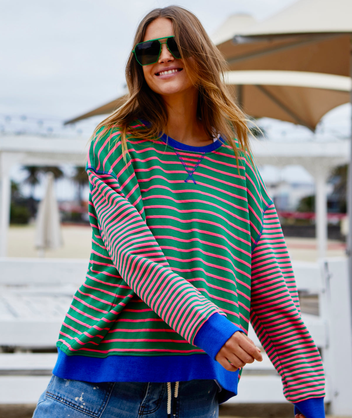 Retro Stripe Sweat Green/Pink