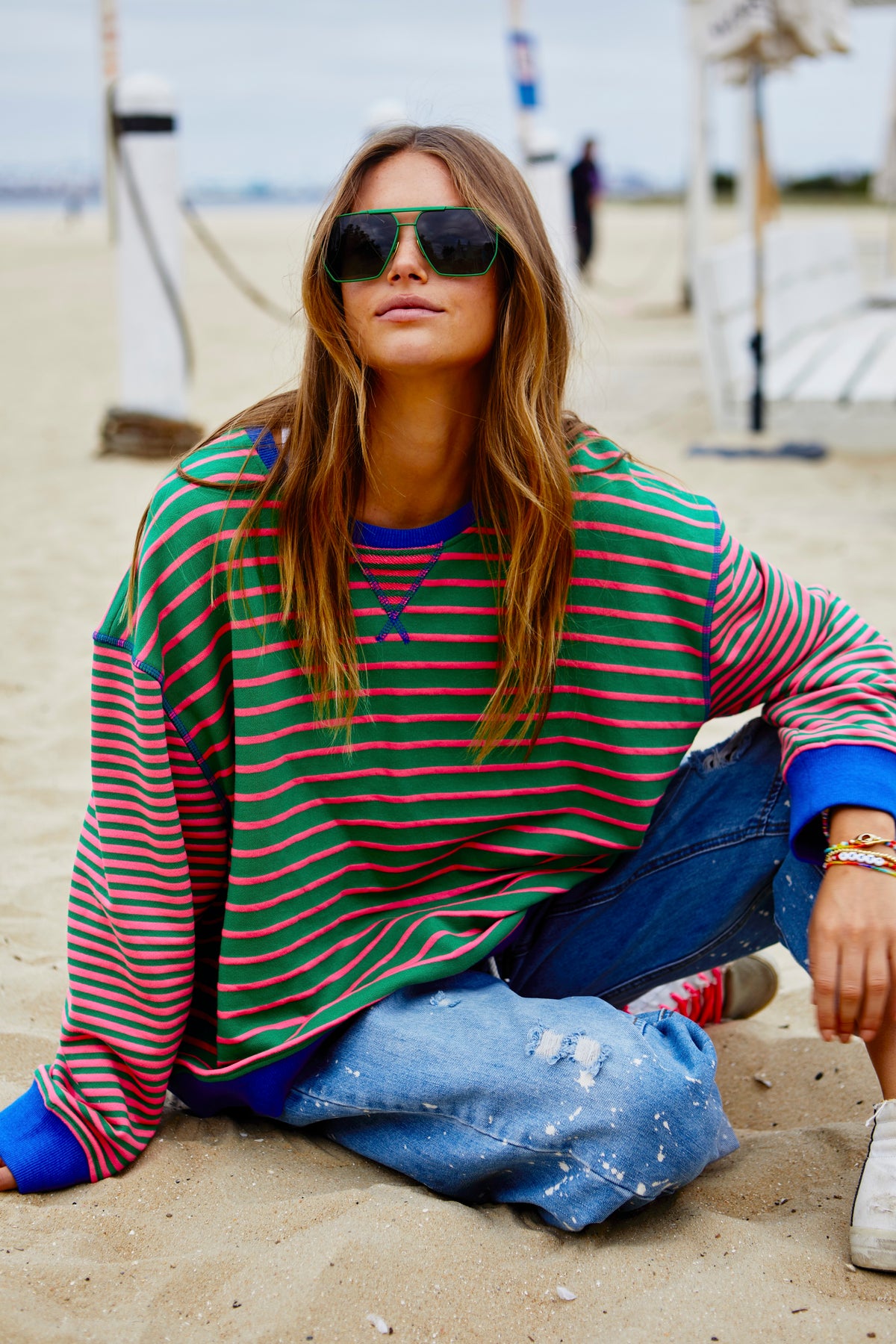 Retro Stripe Sweat Green/Pink