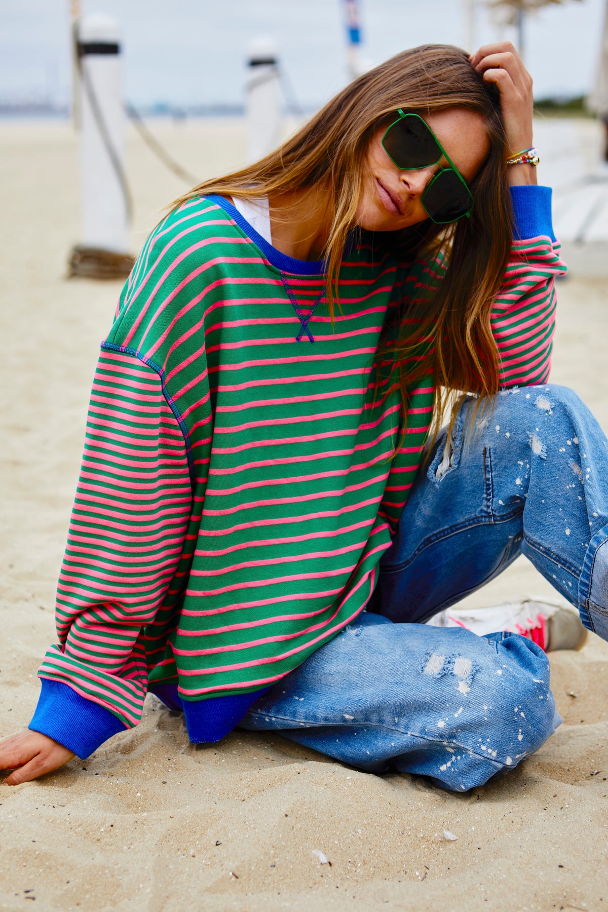 Retro Stripe Sweat Green/Pink