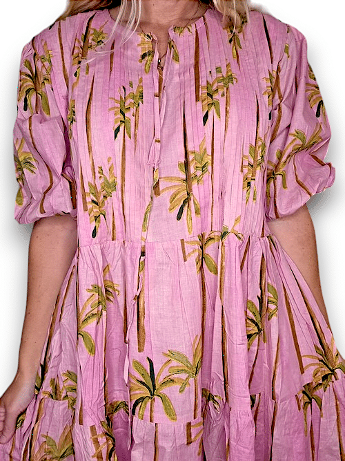 Ida Ivy Pleated Short Sleeve Dress Pink Palm Tree