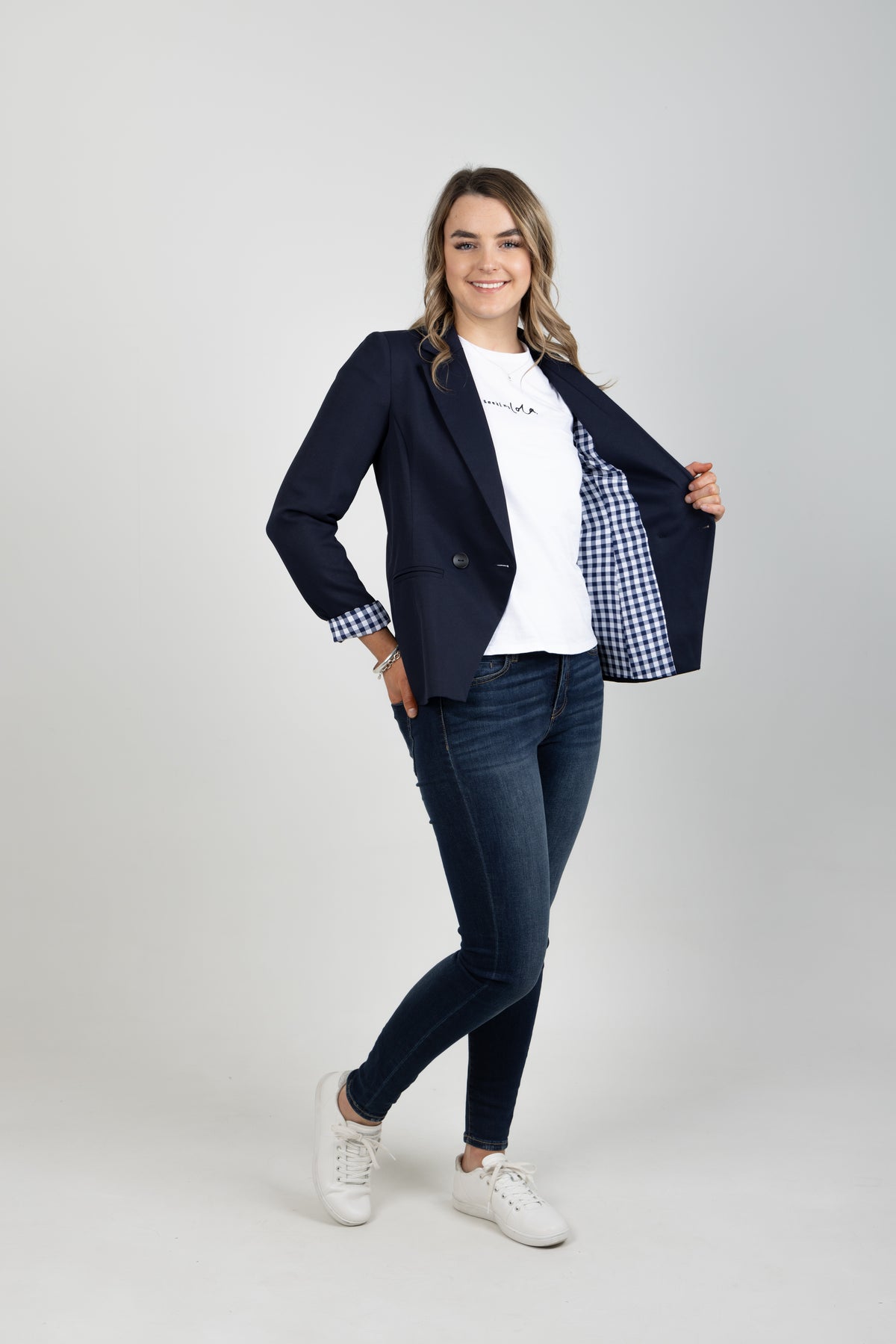 Georgie Double Breasted Blazer - Navy With Navy Gingham