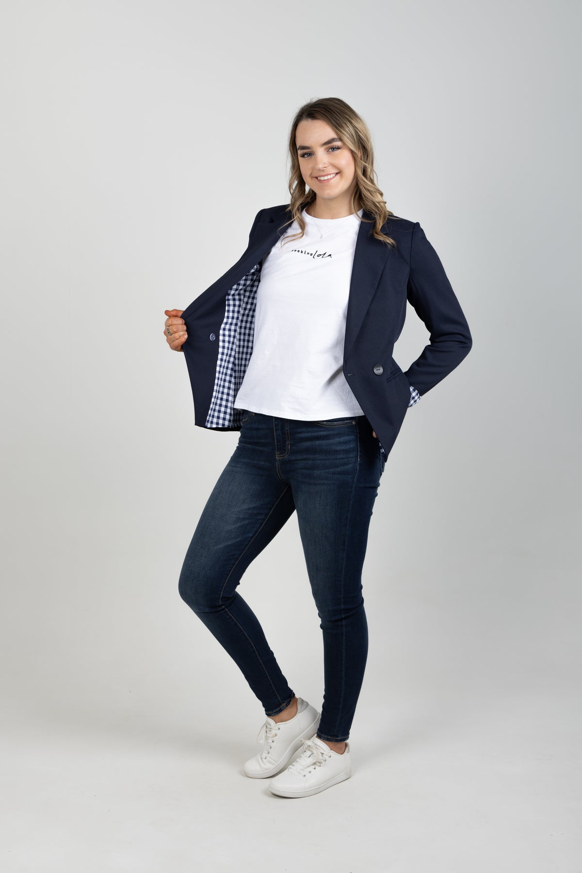 Georgie Double Breasted Blazer - Navy With Navy Gingham