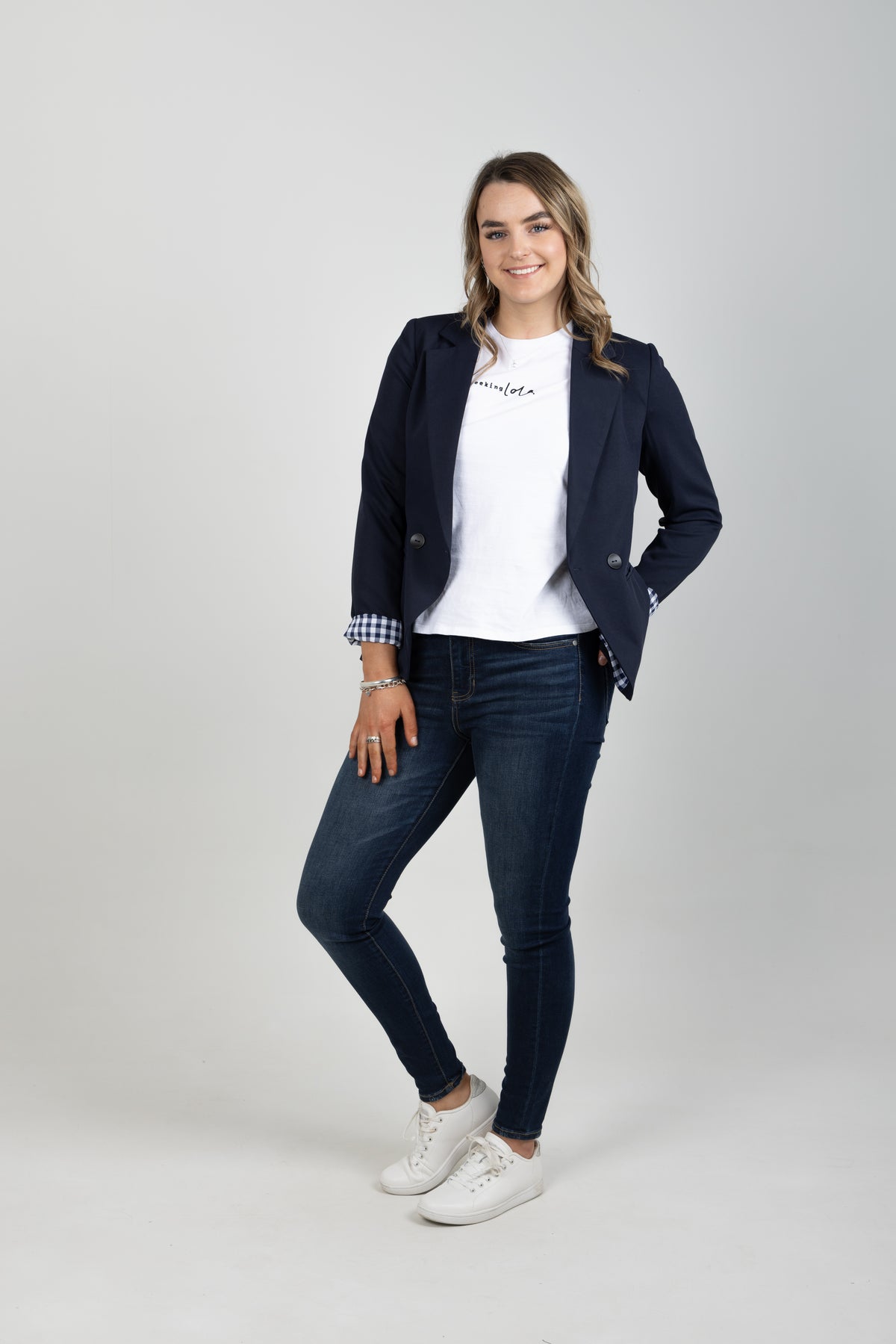 Georgie Double Breasted Blazer - Navy With Navy Gingham