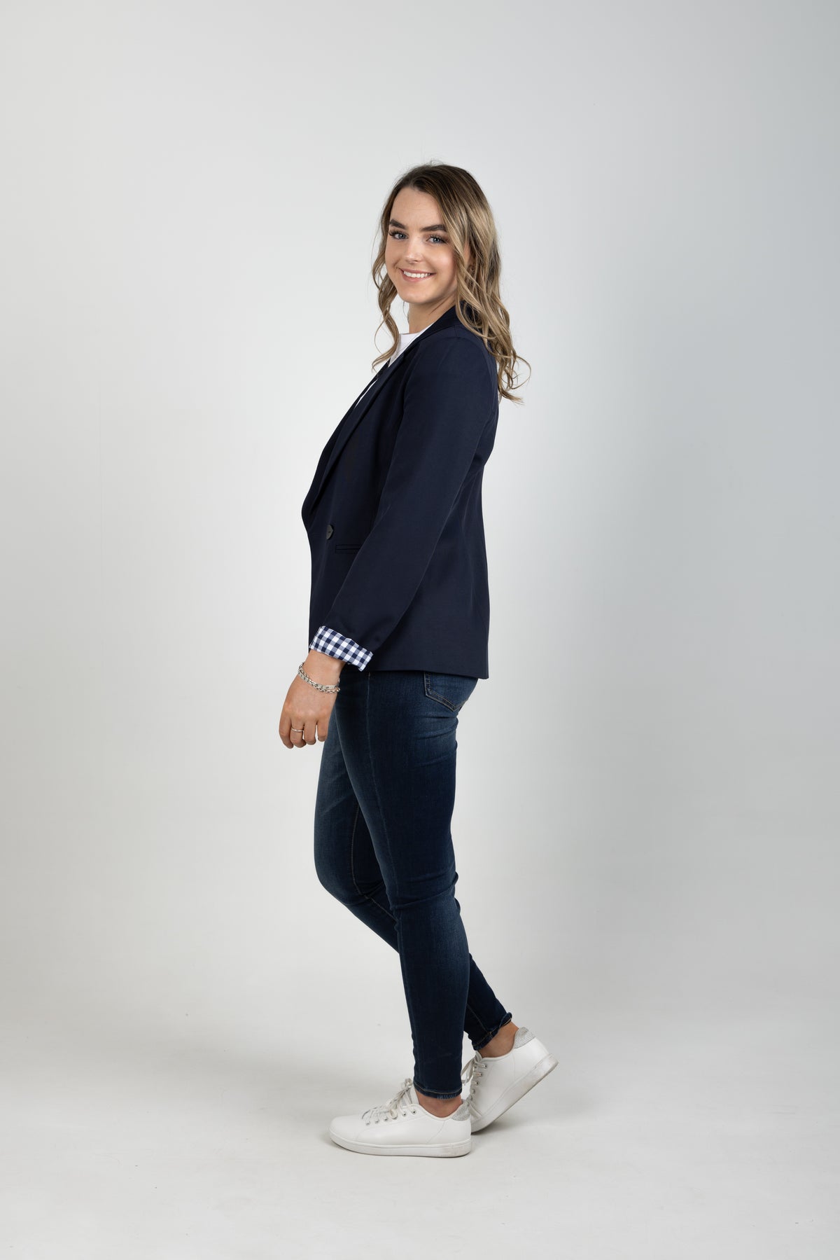 Georgie Double Breasted Blazer - Navy With Navy Gingham