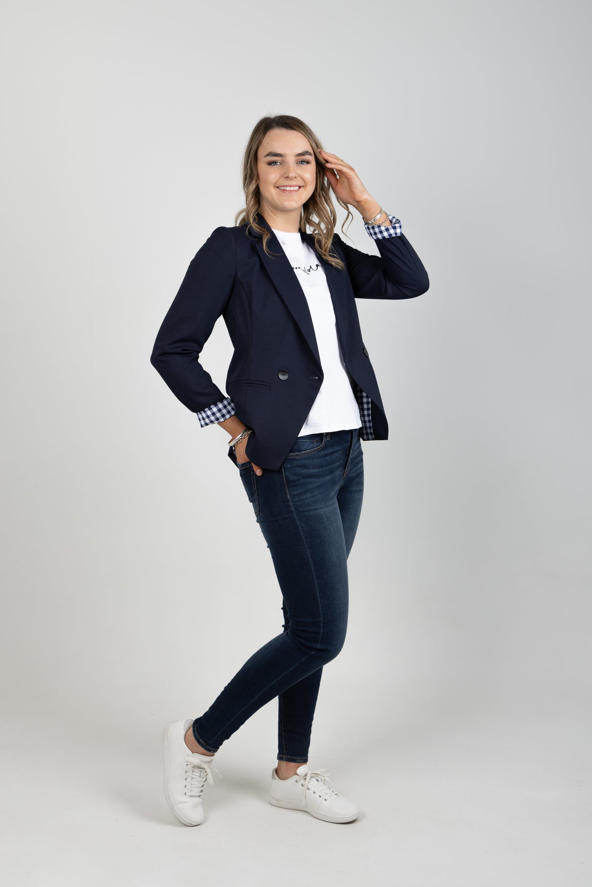 Georgie Double Breasted Blazer - Navy With Navy Gingham