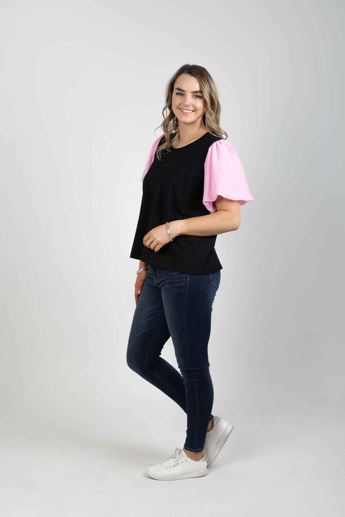 Peony Top Black With Pink Chiffon Sleeve