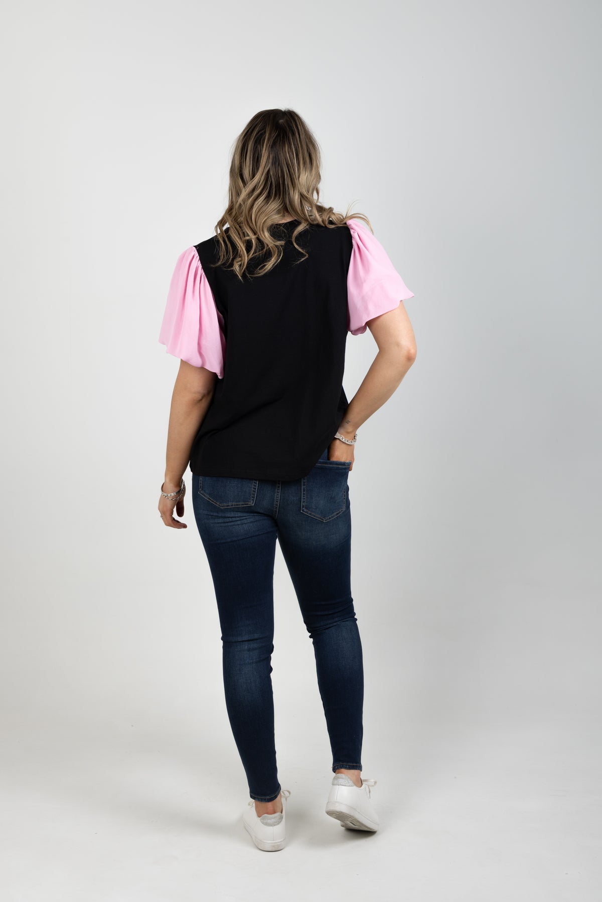 Peony Top Black With Pink Chiffon Sleeve