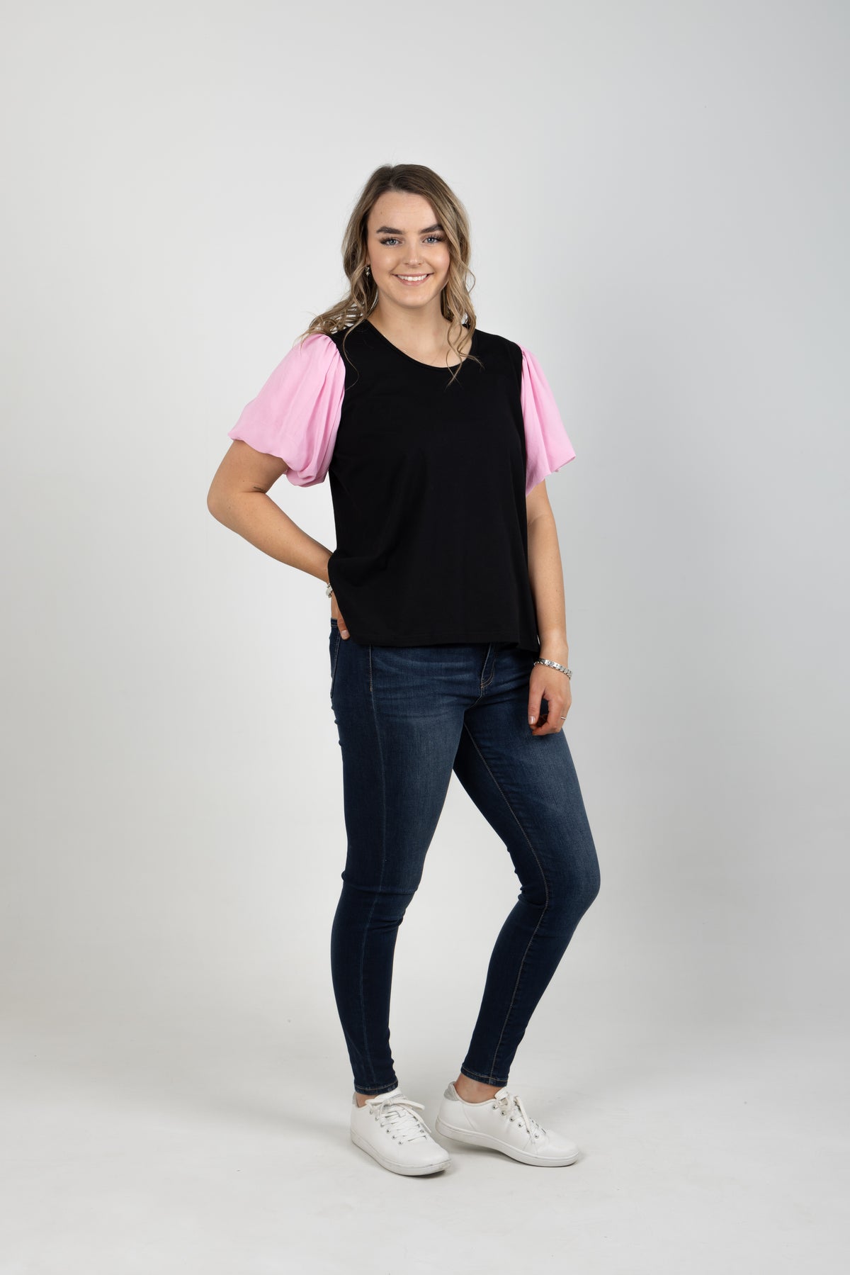 Peony Top Black With Pink Chiffon Sleeve