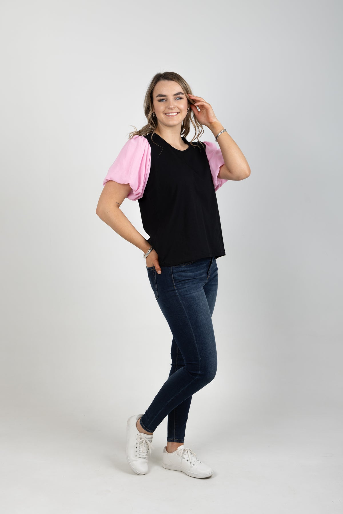 Peony Top Black With Pink Chiffon Sleeve