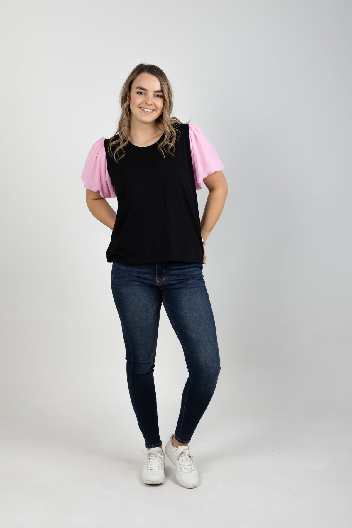 Peony Top Black With Pink Chiffon Sleeve