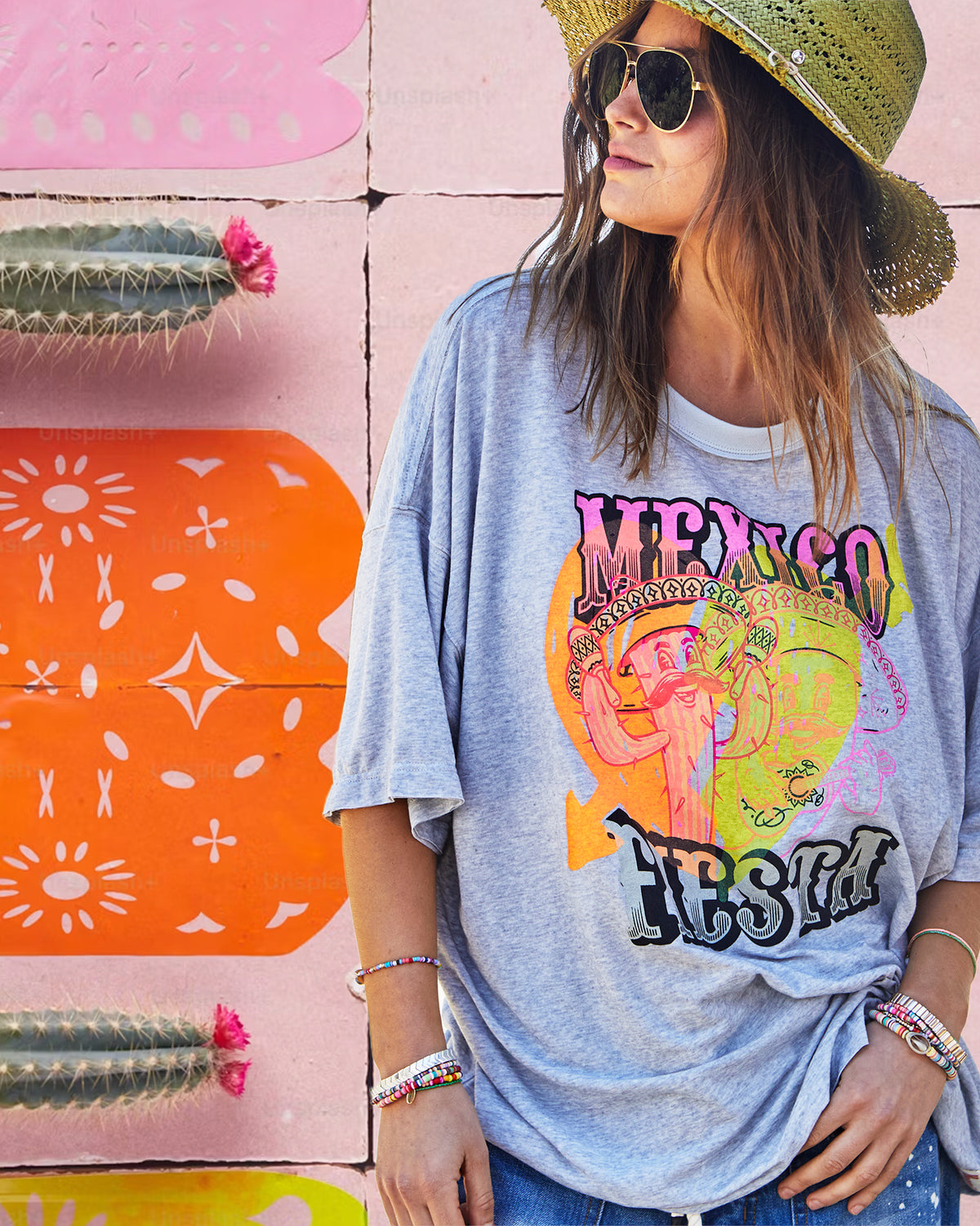 Mexican Fiesta Oversized Tee Light Grey Marle