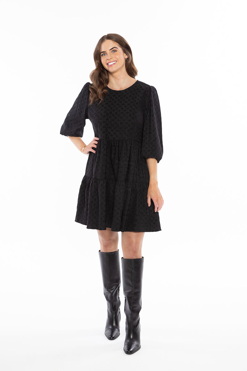 Amy Smock Dress Black Crinkle Spot