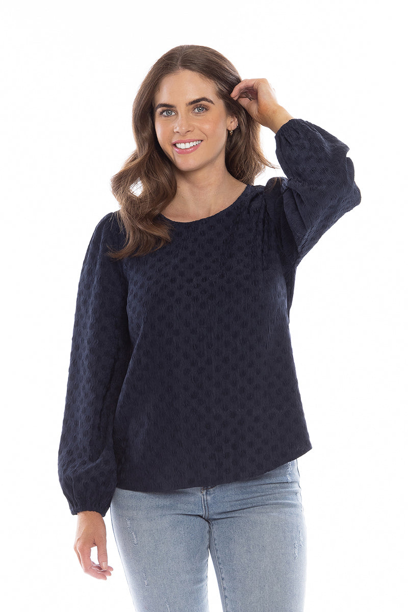 Gratitude Top Navy Crinkle Spot