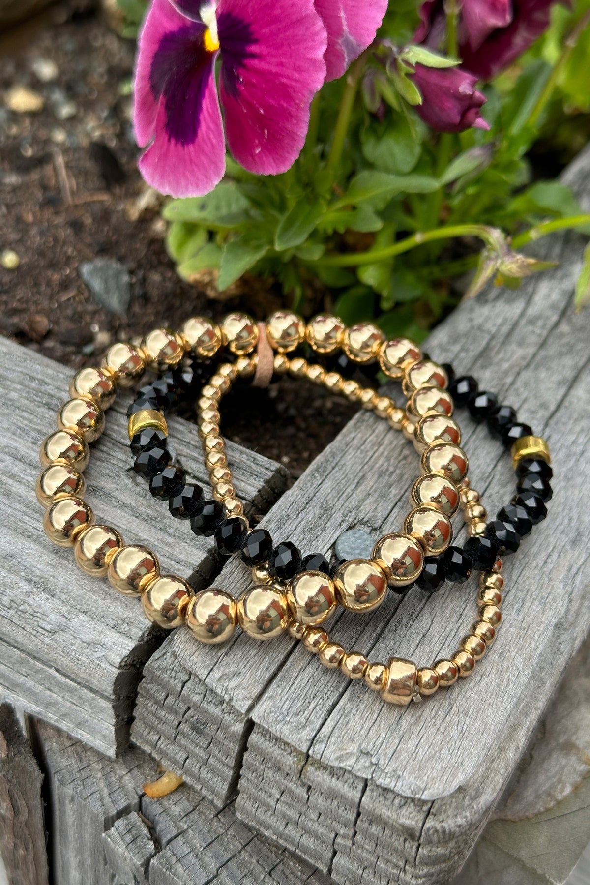 Beaded Bracelet Set Black and Gold Large