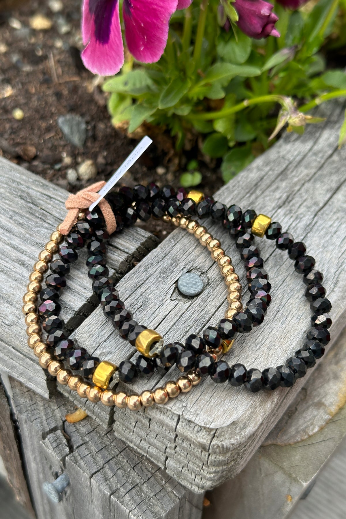 Beaded Bracelet Set Black and Gold Small