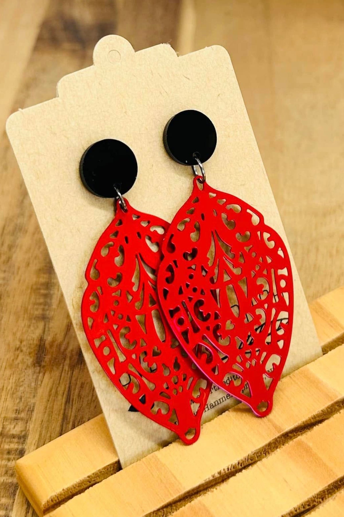 Red Filigree Leaf With Black Stud Long Dangles