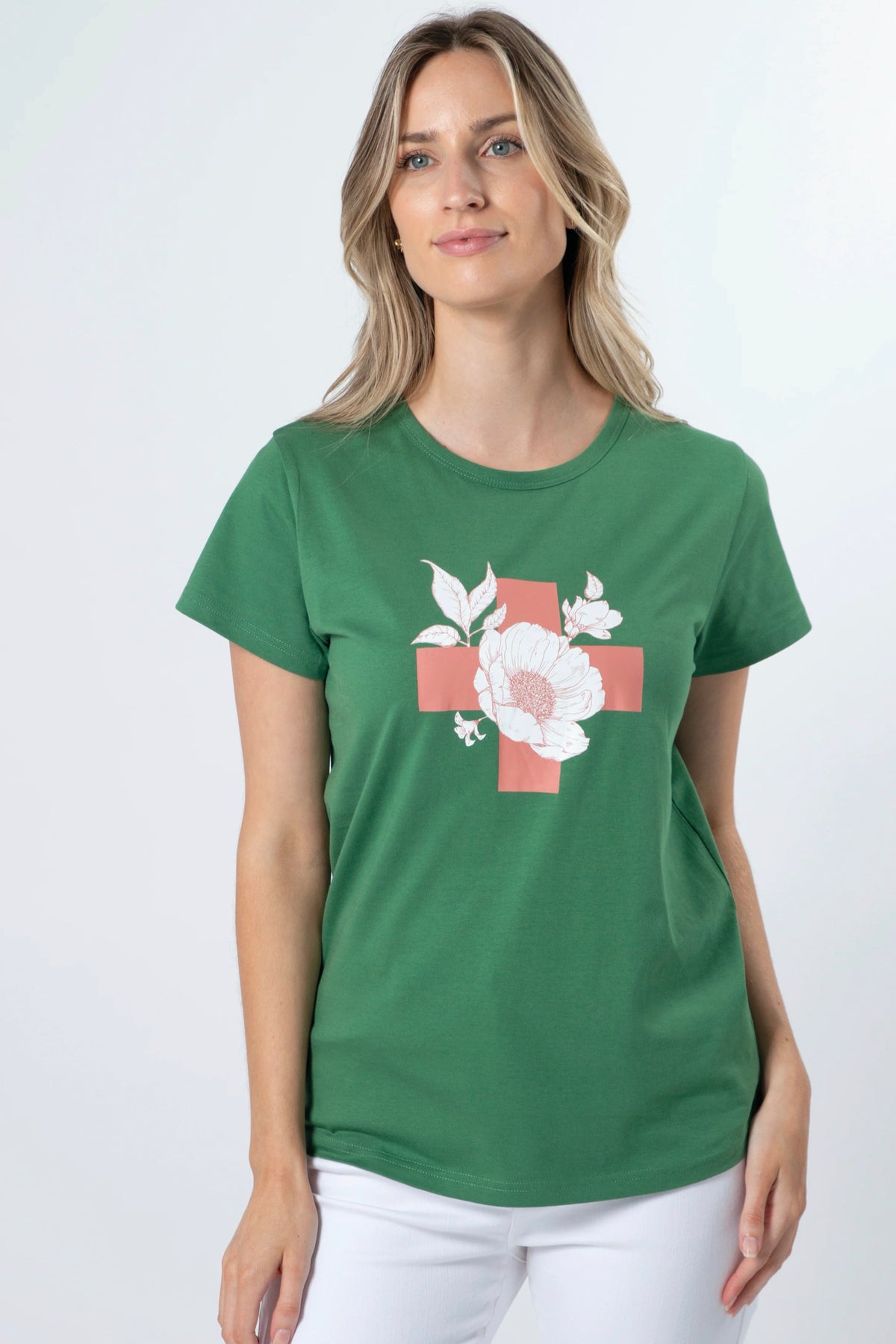 T-Shirt Vintage Green Floral With Cross