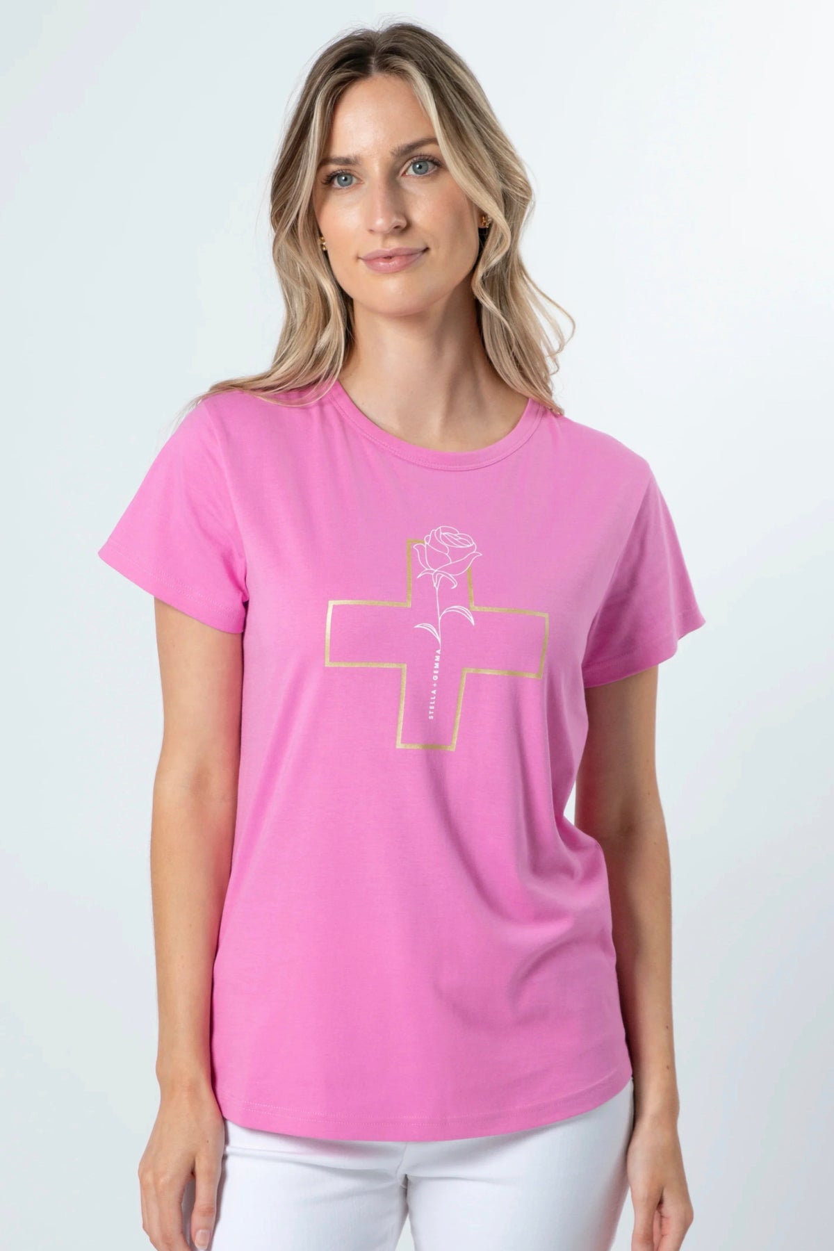 T-Shirt Bubblegum With White Rose Gold Cross