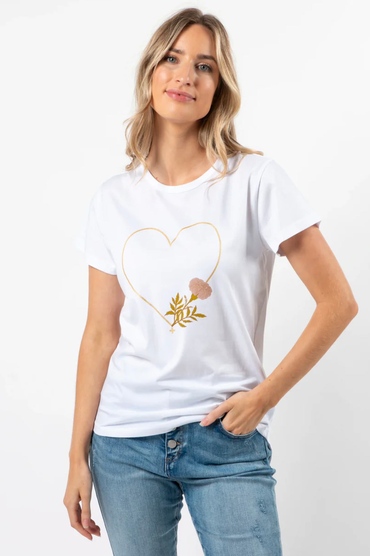 T-Shirt White Fiore With Gold Heart