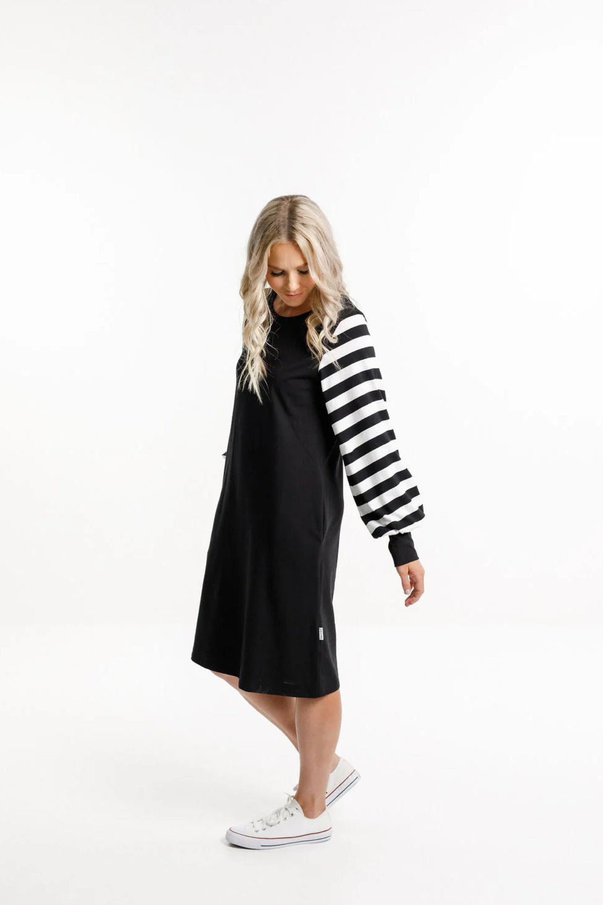 Laylah Dress Black With Black And White Striped Sleeves