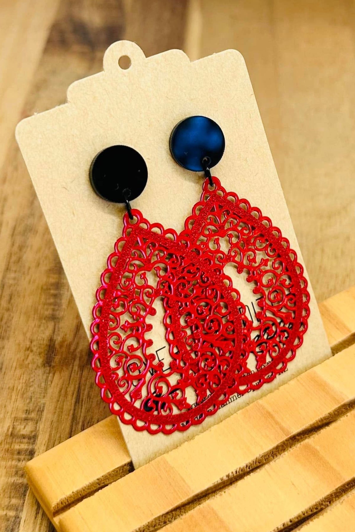 Red Filigree Drop With Black Stud Long Dangles