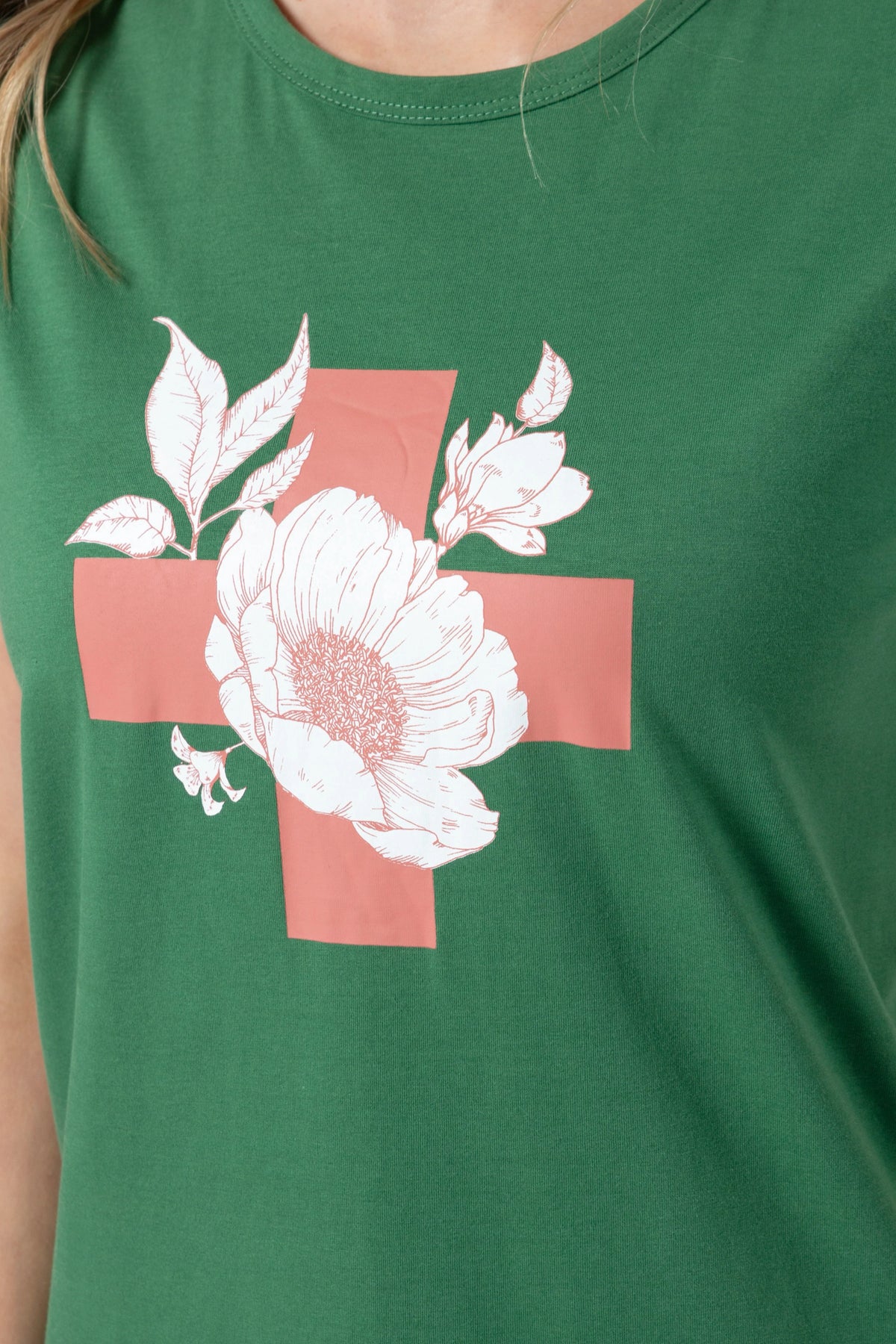 T-Shirt Vintage Green Floral With Cross