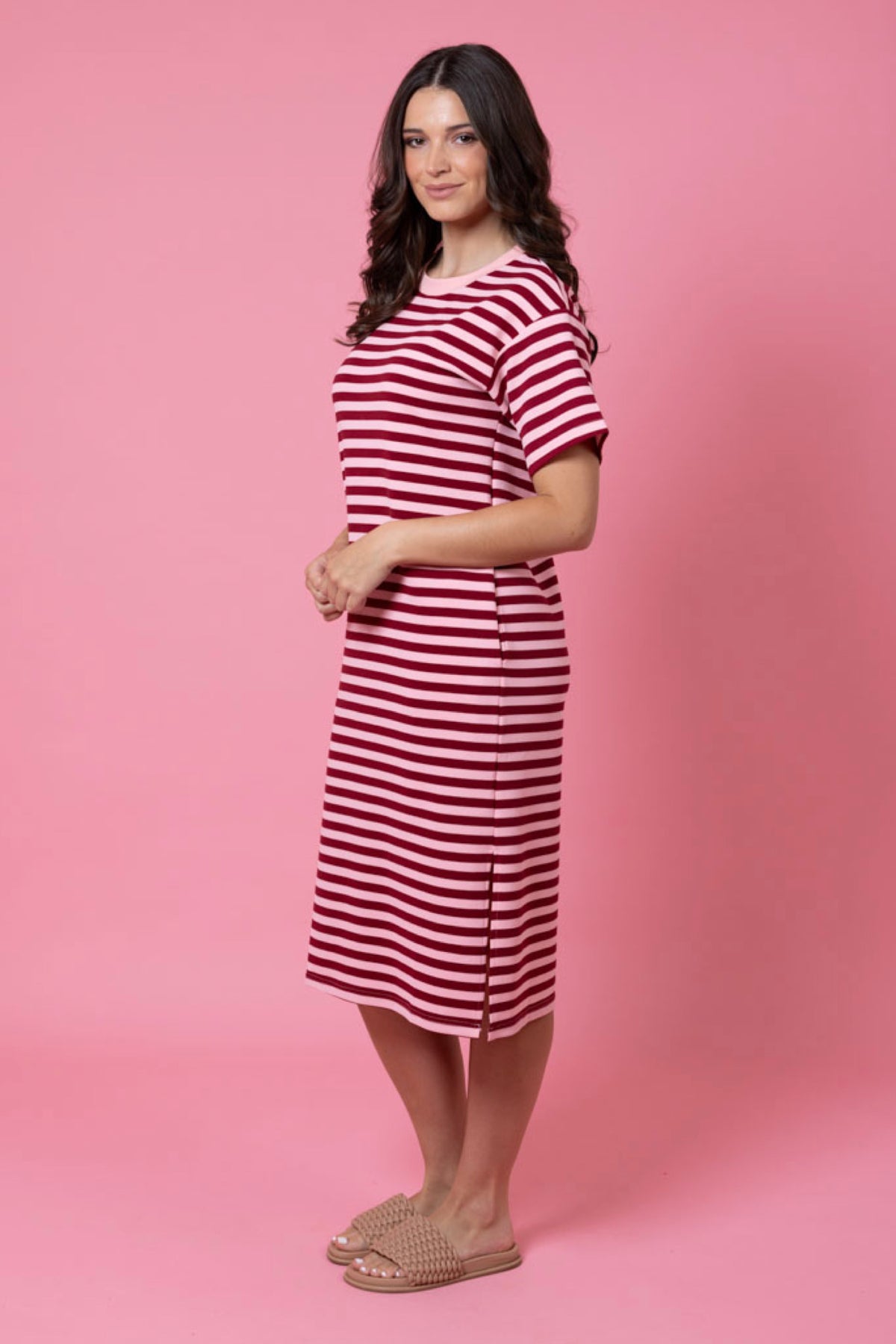 Aden T-Shirt Dress Maroon Stripe