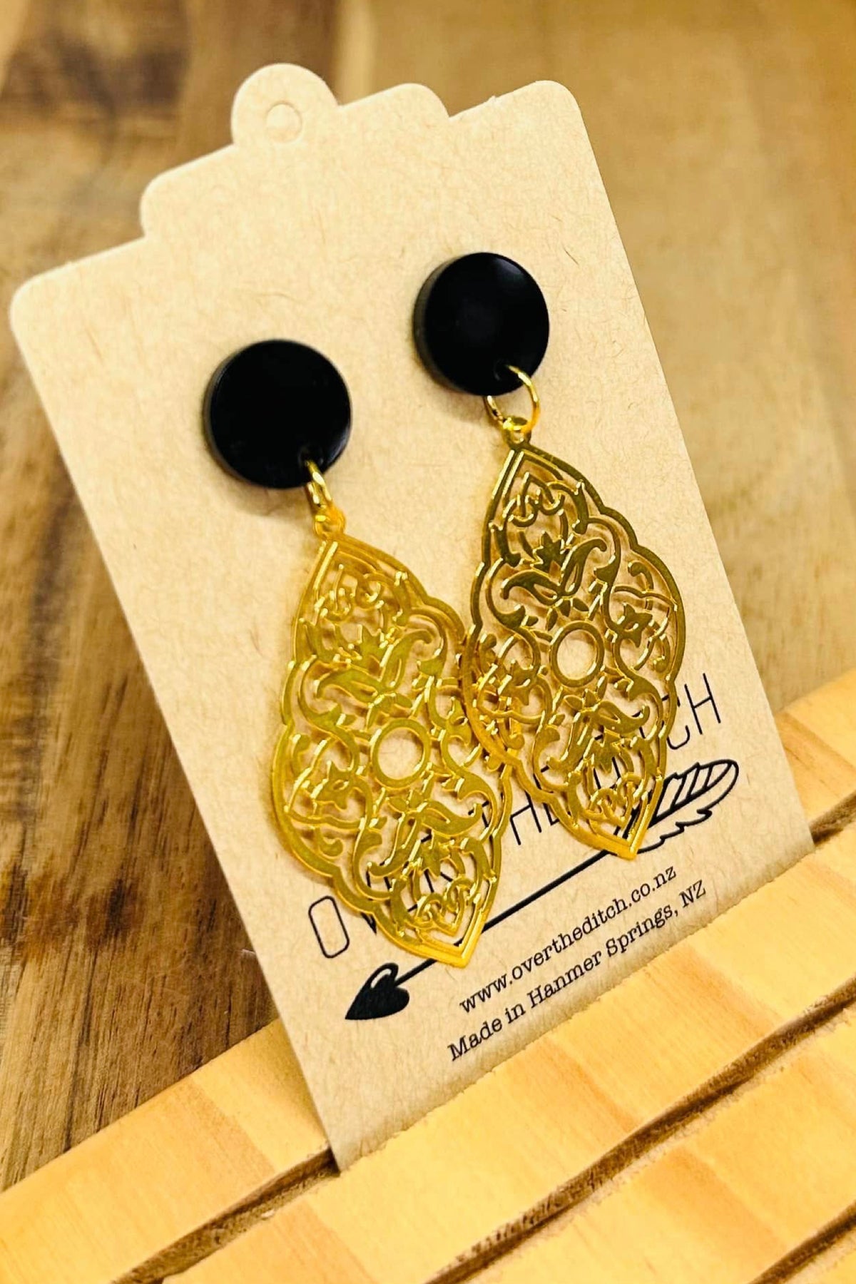 Gold Filigree With Black Stud Long Dangles