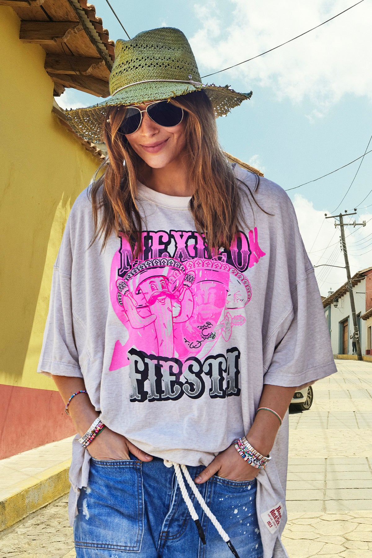 Mexican Fiesta Oversized Tee Natural Marle