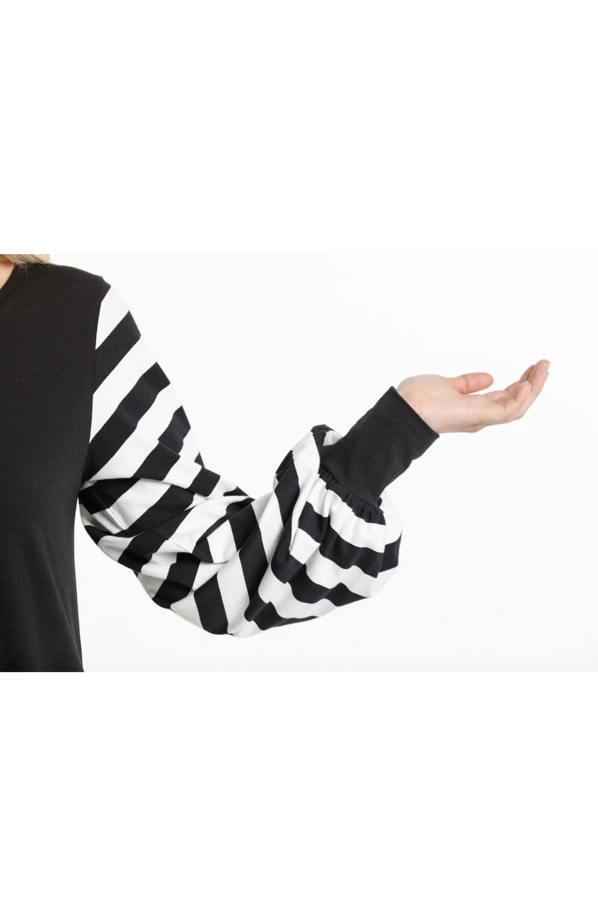 Laylah Dress Black With Black And White Striped Sleeves