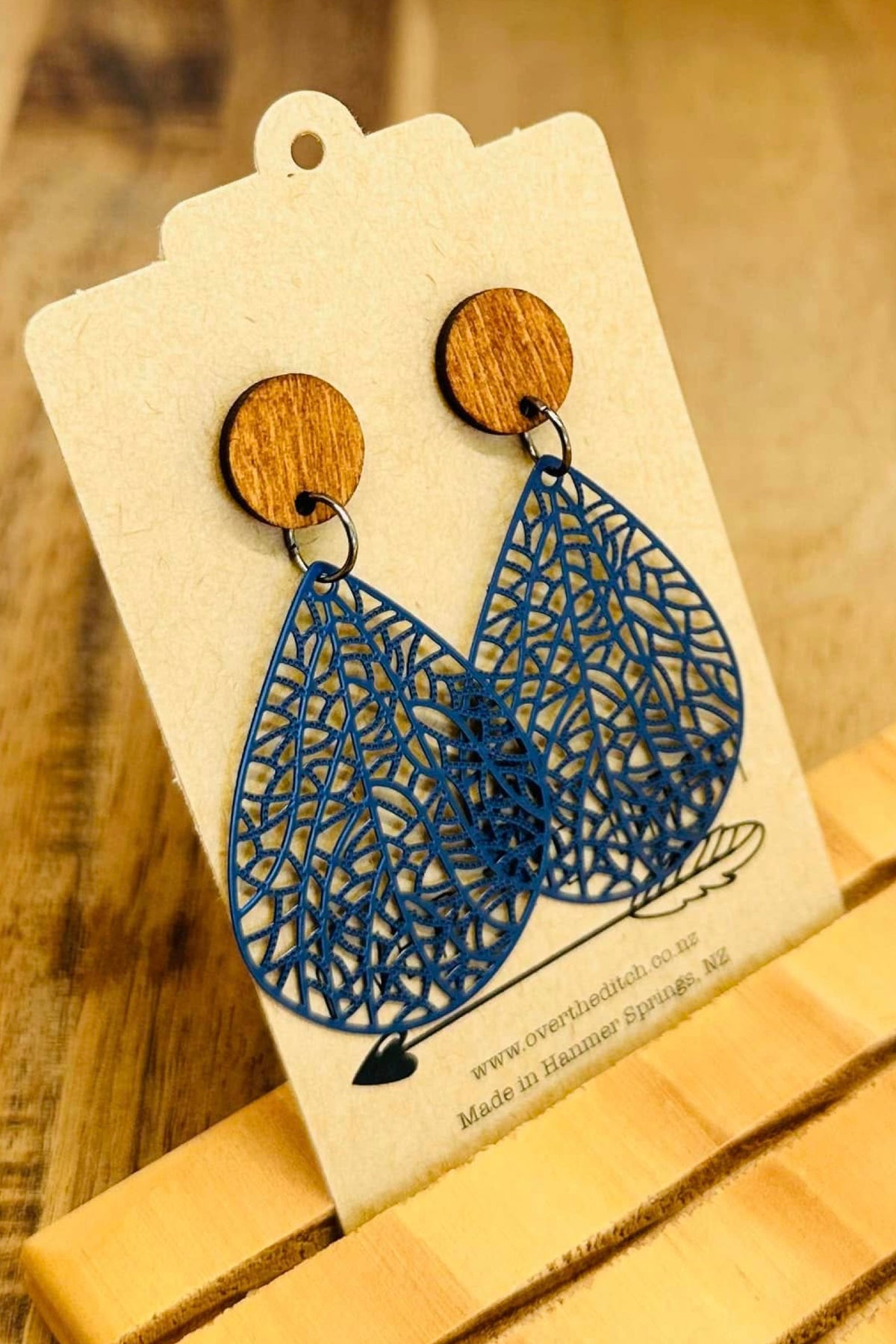 Navy Filigree With Wood Stud Long Dangles