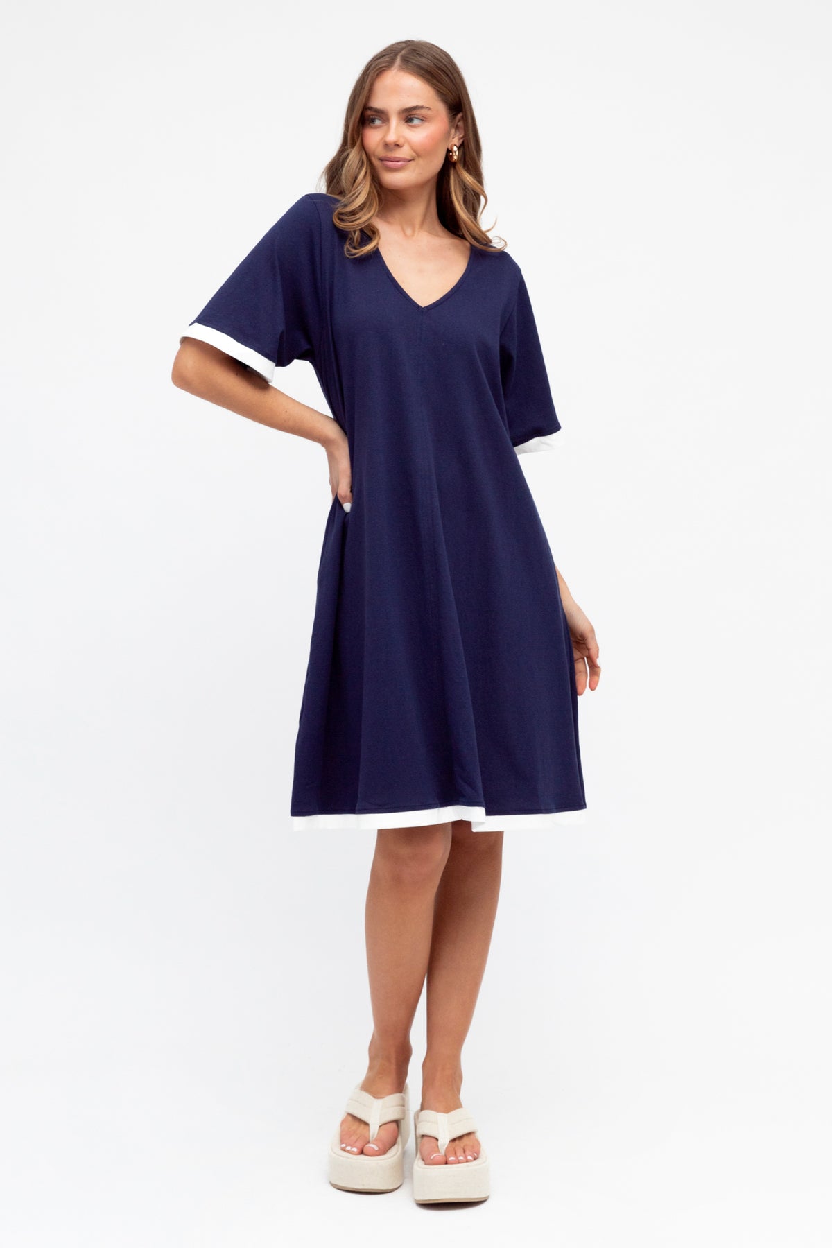 Navy Dress With White Trim