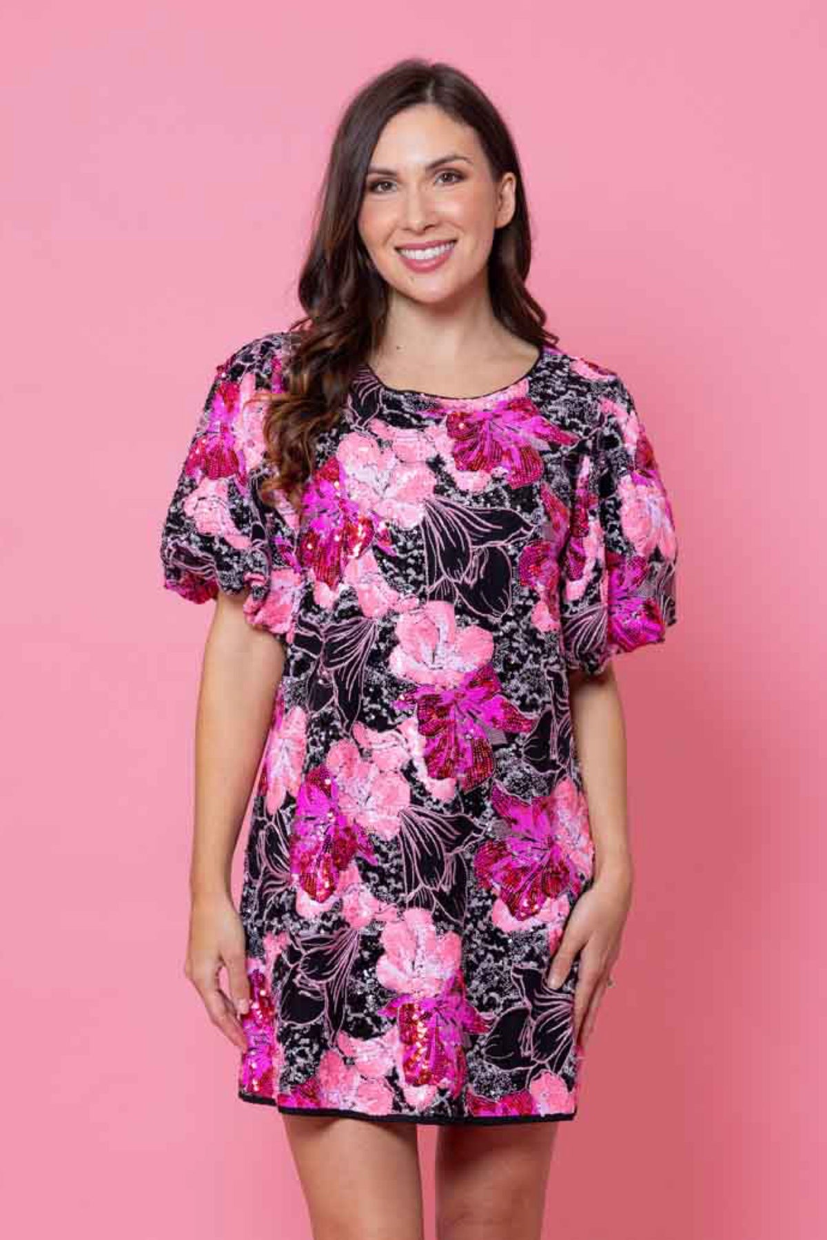 Berrie Dress Black Fluro Pink Sequin