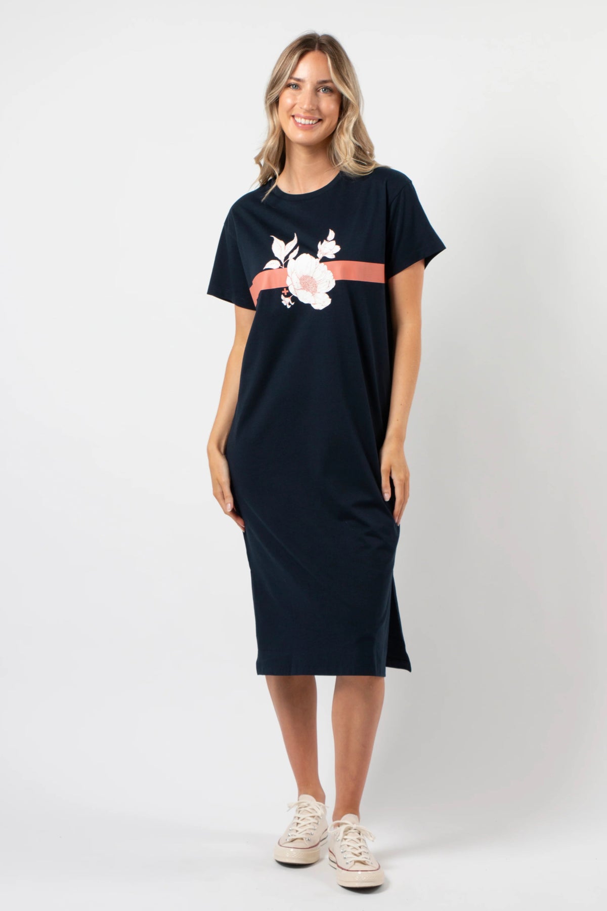 Maxie T-Shirt Dress Navy Rose Floral With Stripe