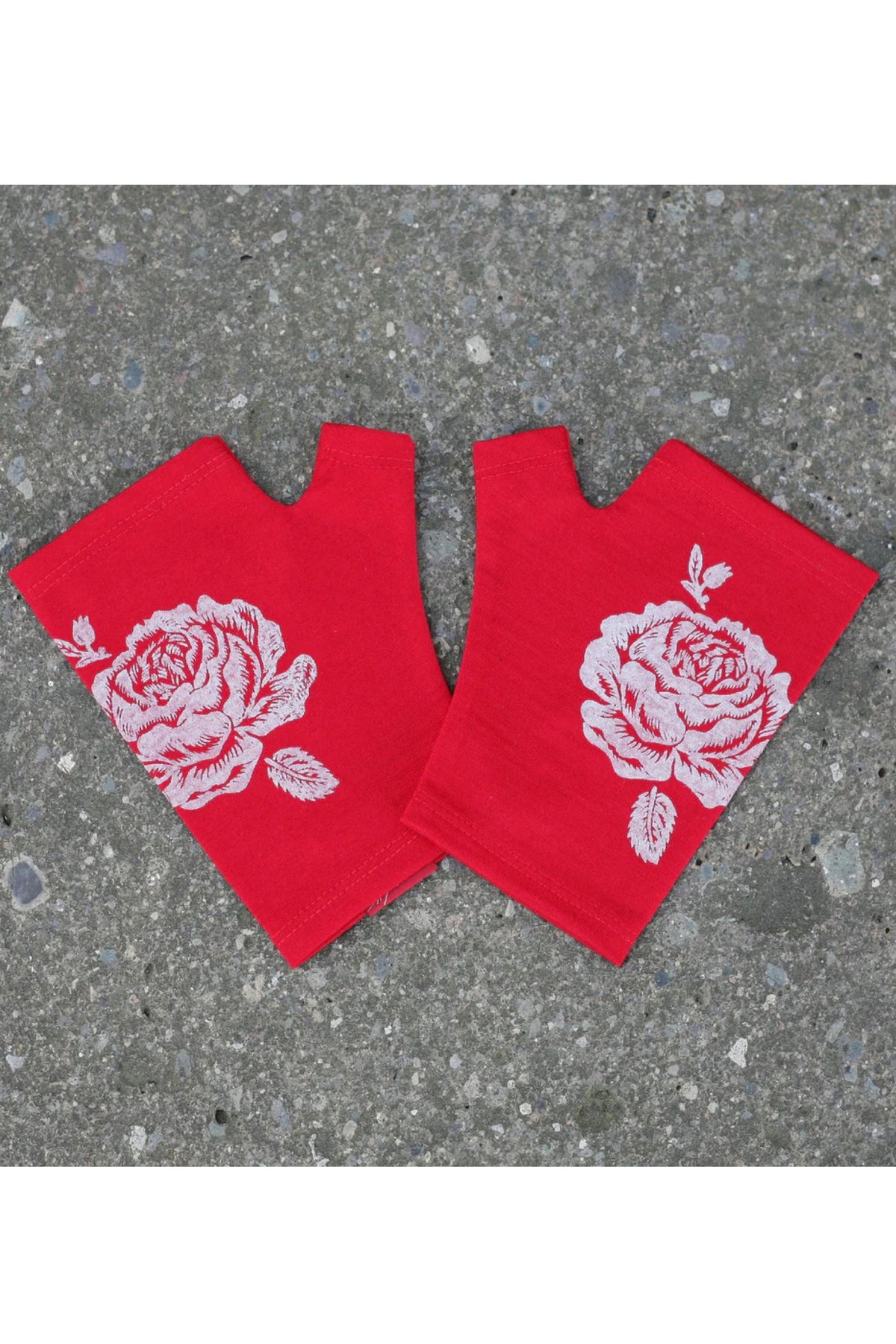 Hobo Length Red Vintage Rose Print Cream Fingerless Gloves