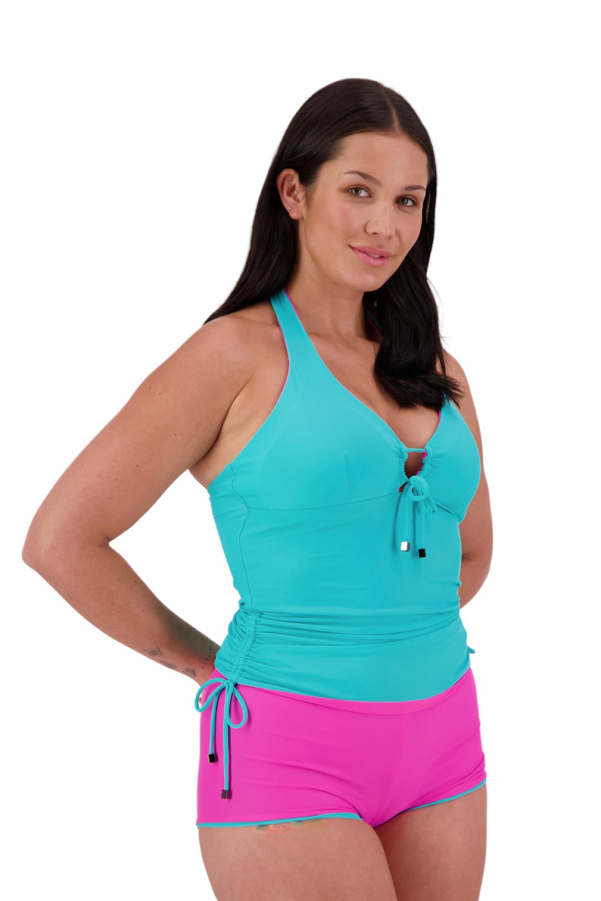 Drawstring Reversible Tankini Aqua/ Pink