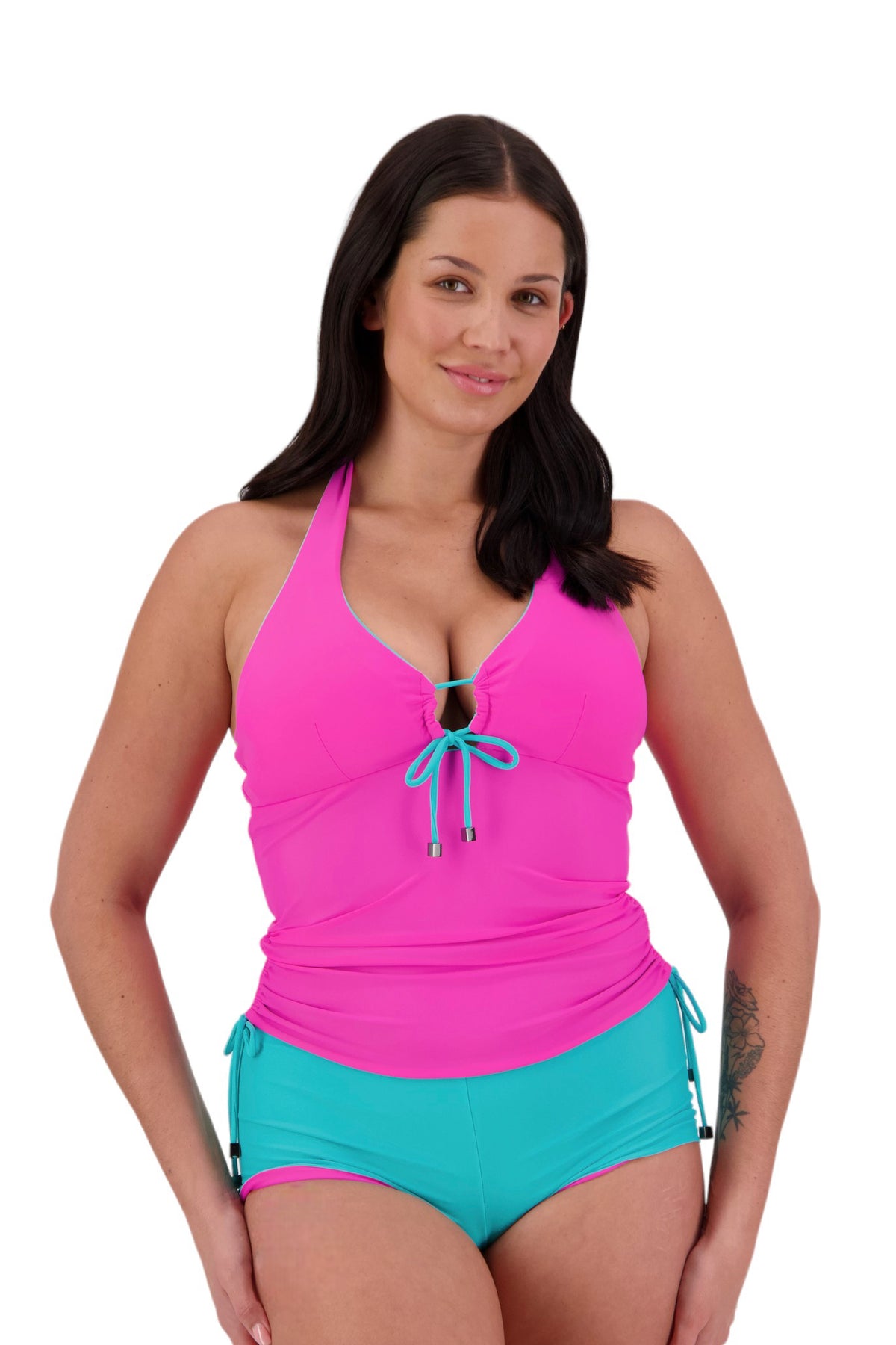 Drawstring Reversible Tankini Aqua/ Pink